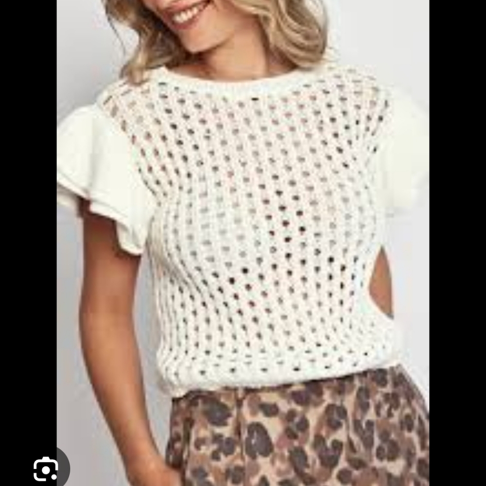 Joie Short Sleeve White Ruffle Sweater, NWT